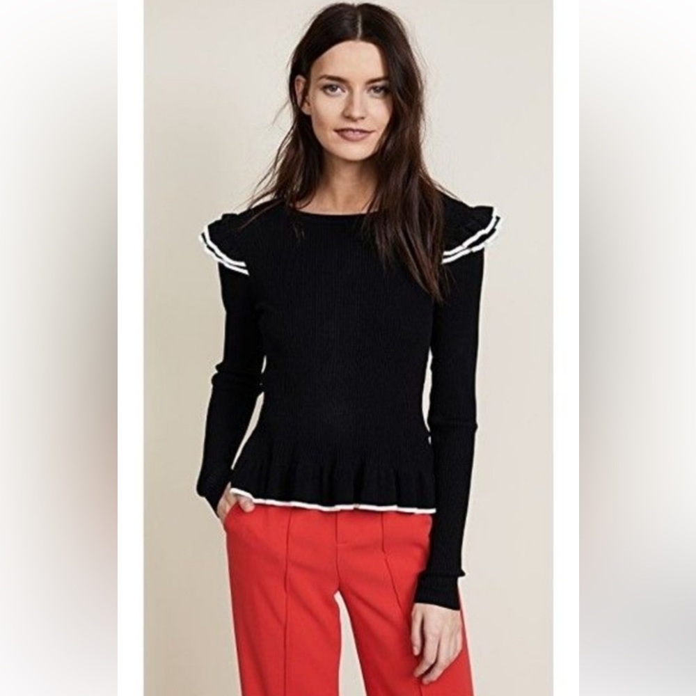 Club Monaco Black with White Ribbed Ruffle Detail Sweater. Size M/M